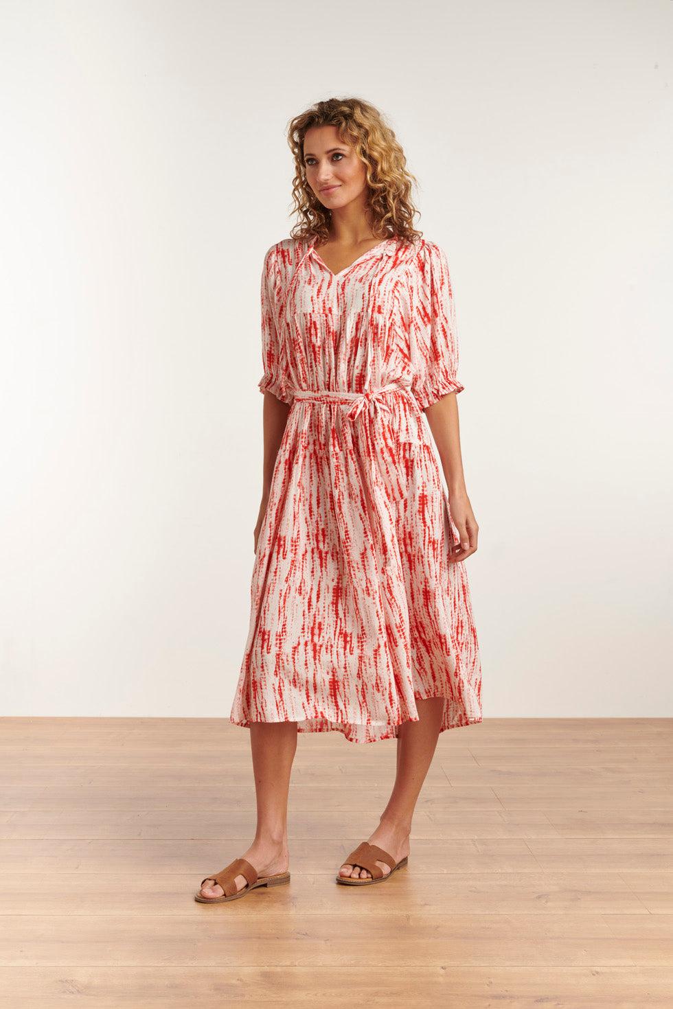 23177 Women Florette Coral Printed Belted Maxi Dress