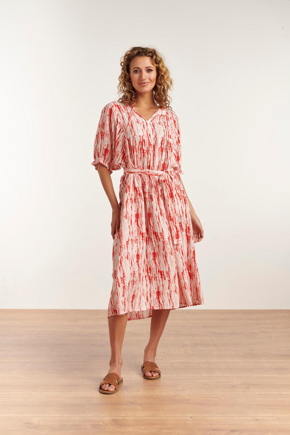 23177 Women Florette Coral Printed Belted Maxi Dress | Brique-Offwhite
