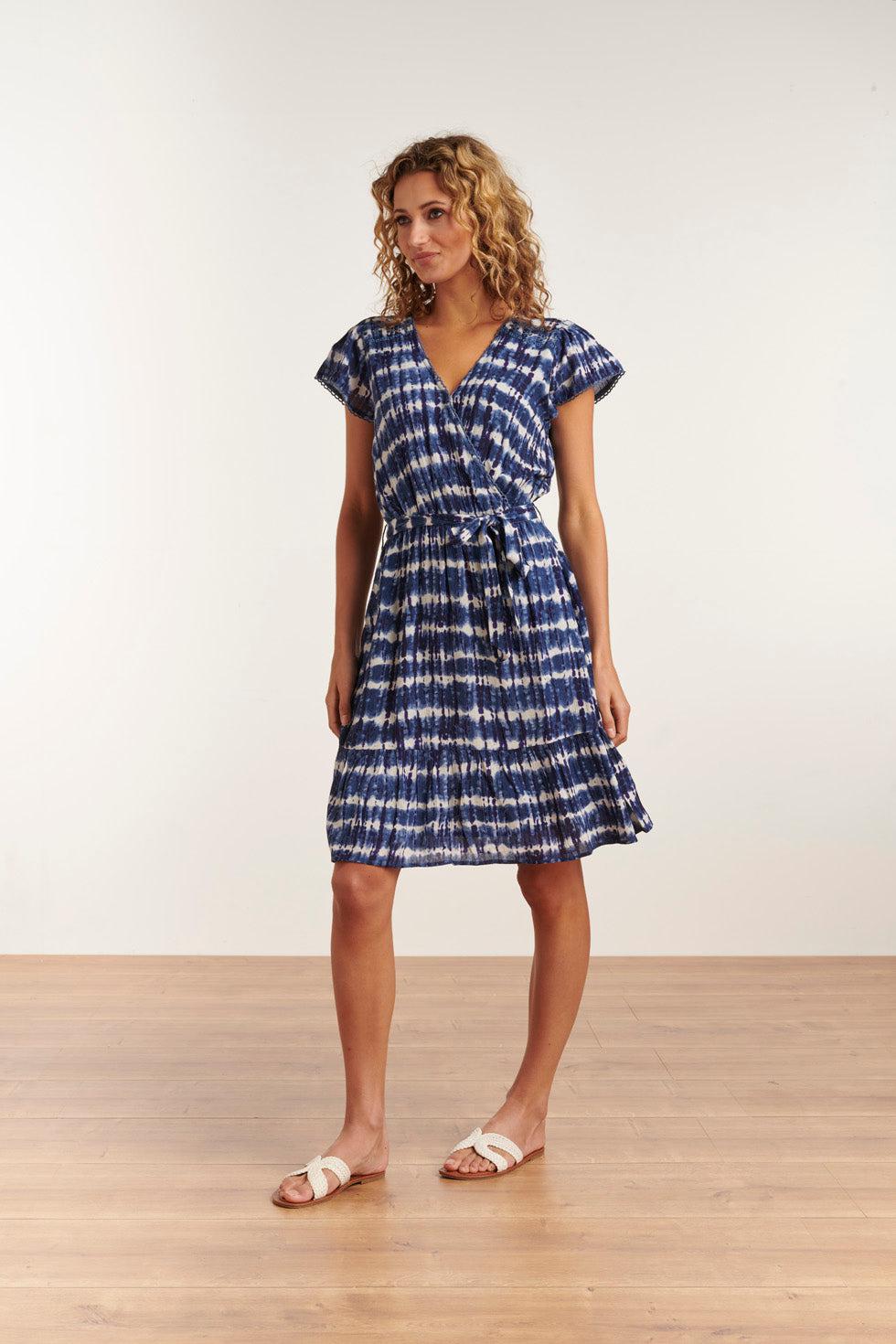 23183 Women Tie Dye Midi Waisted Dress | Blue-White