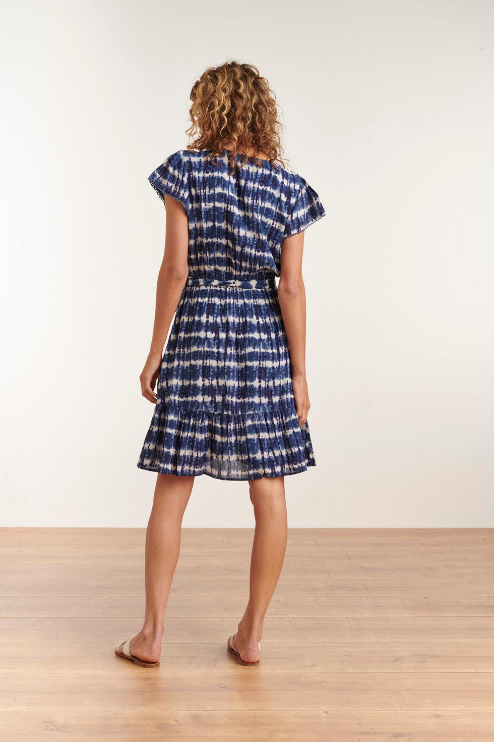 23183 Women Tie Dye Midi Waisted Dress | Blue-White