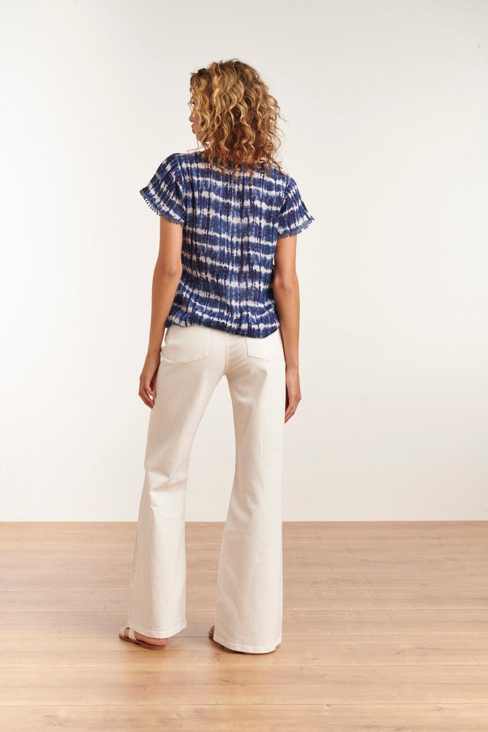 23184 Tie Dye Short Sleeve Round Neck Top | Blue-White