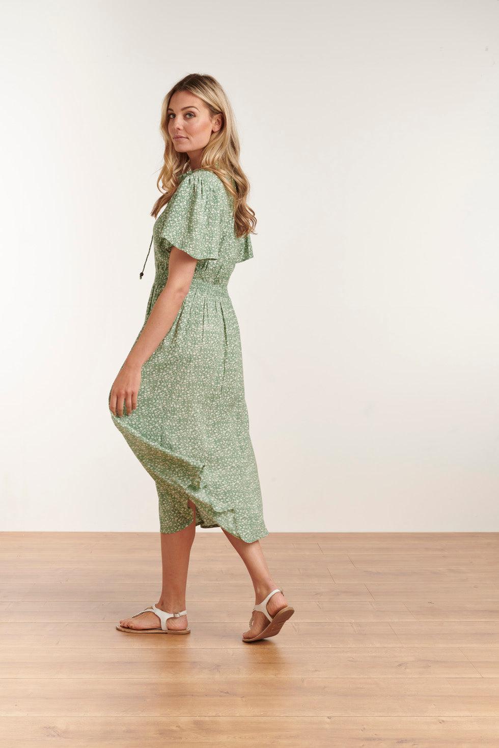 23186 Ditsy Bloemen Midi Jurk | Soft Green-White