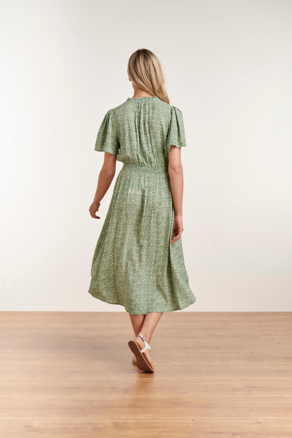 23186 Ditsy Bloemen Midi Jurk | Soft Green-White