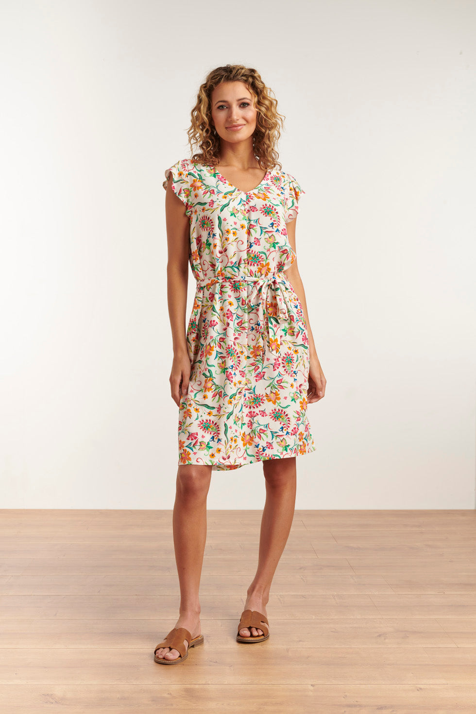 23198 Zomerse Paisley Print Jurk Met V-Halsvlindermouwen | White - Muticolour