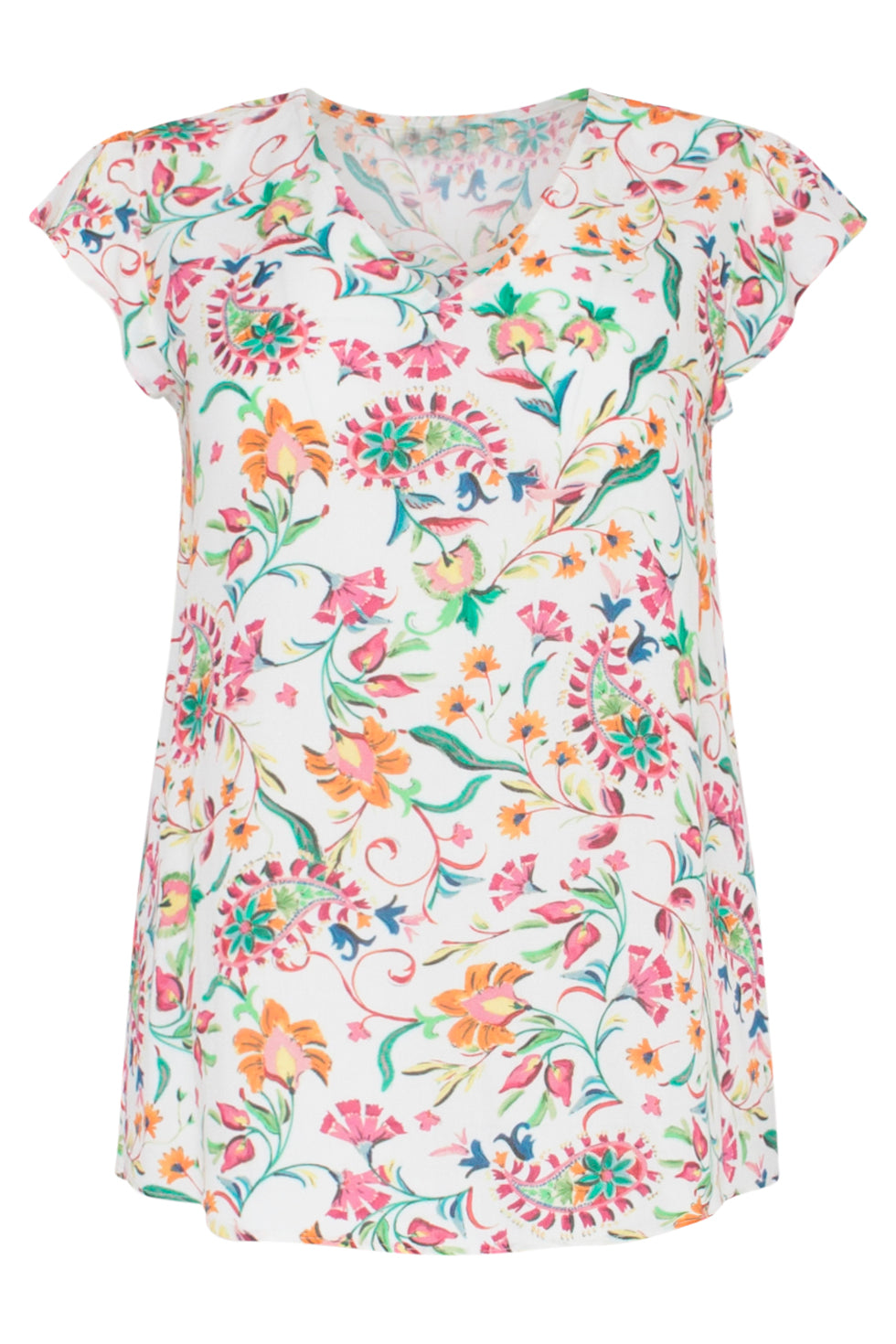23199 Zomer Top Met Vlindermouwenmulti E Print Van 100% Viscose | White-Multicolour