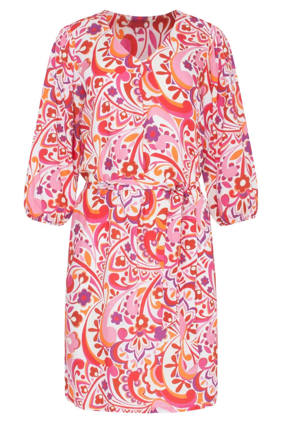 23201 Abstracte Boheemse Retro Print Zomerjurk | White-Multicolour