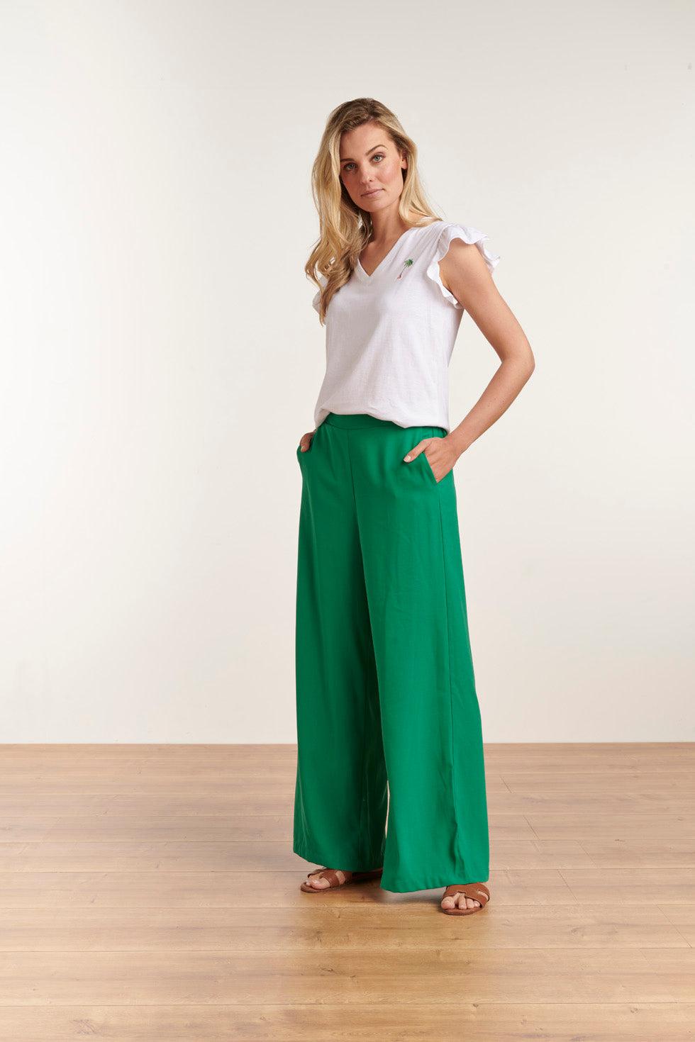23202 T-Shirt Met Geborduurde Palmboomruches Mouwen | White-Green