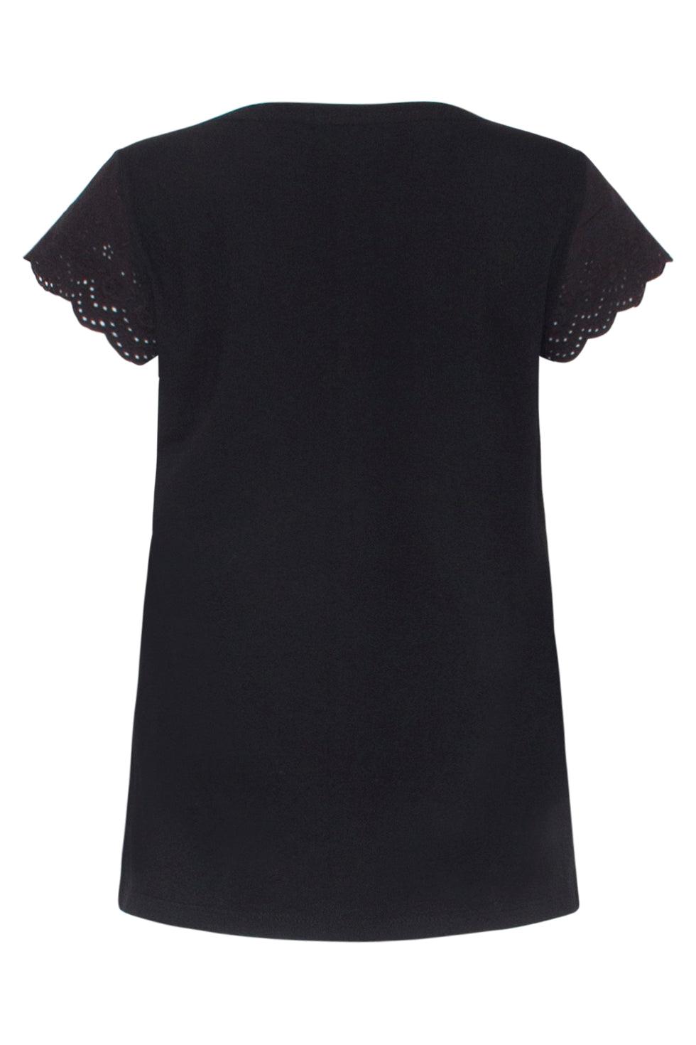 23208-999 V-Hals T- Shirt Met Kanten Mouw | Black