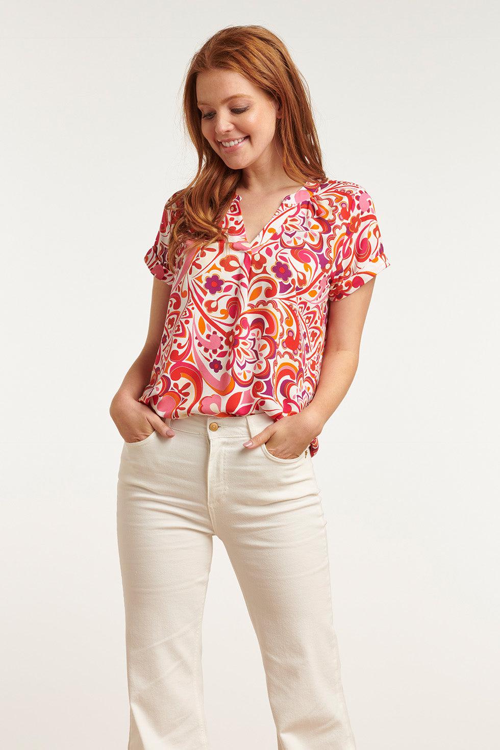23211 Short Sleeve Print White- Women'S Tops | White-Multicolour