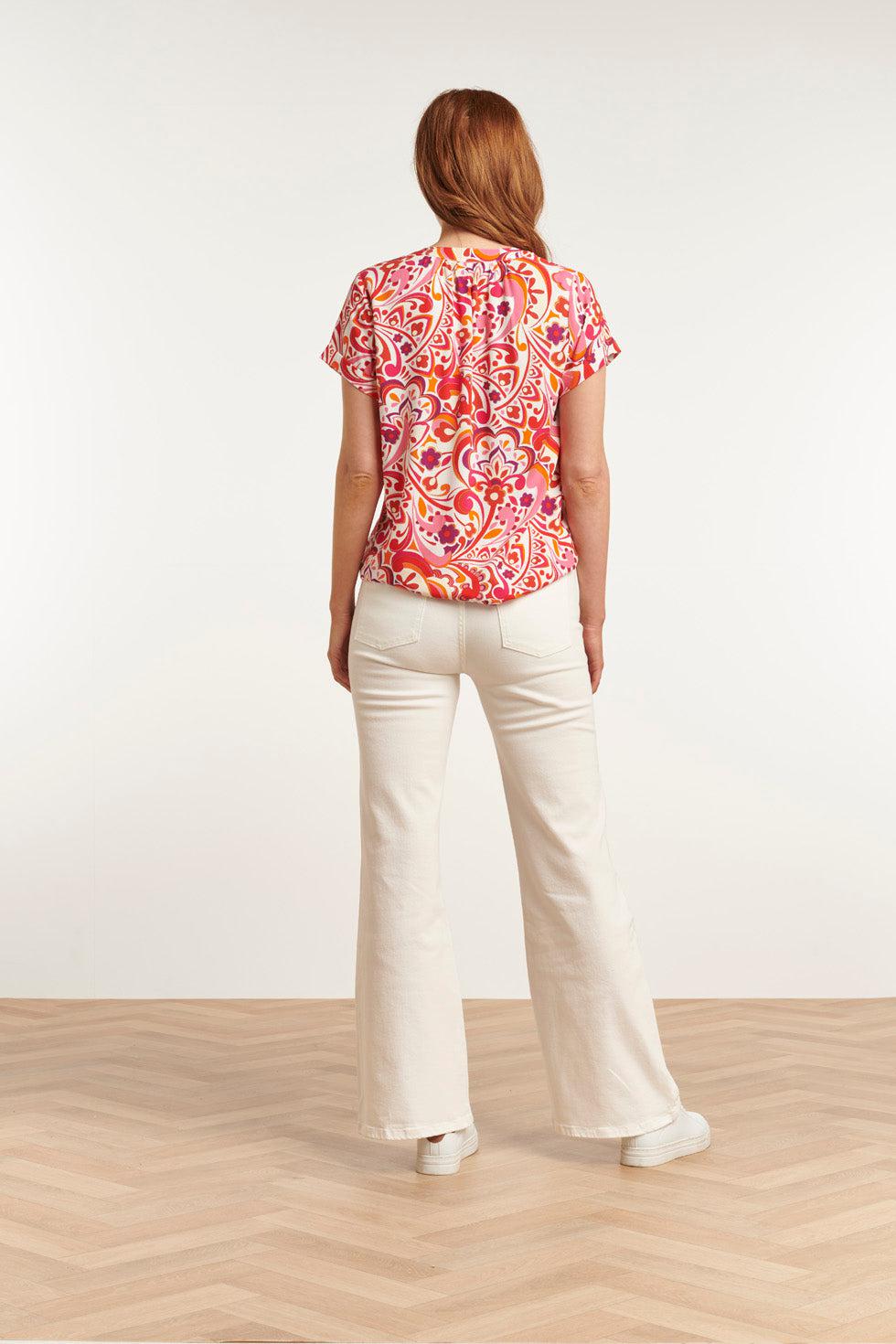 23211 Short Sleeve Print White- Women's Tops | White - Muticolour