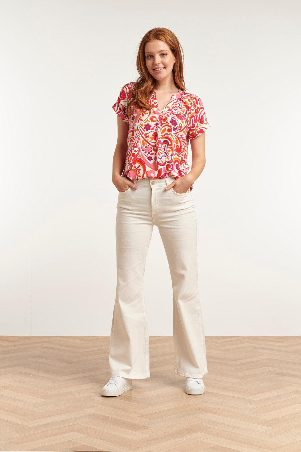 23211 Short Sleeve Print White- Women's Tops | White - Muticolour