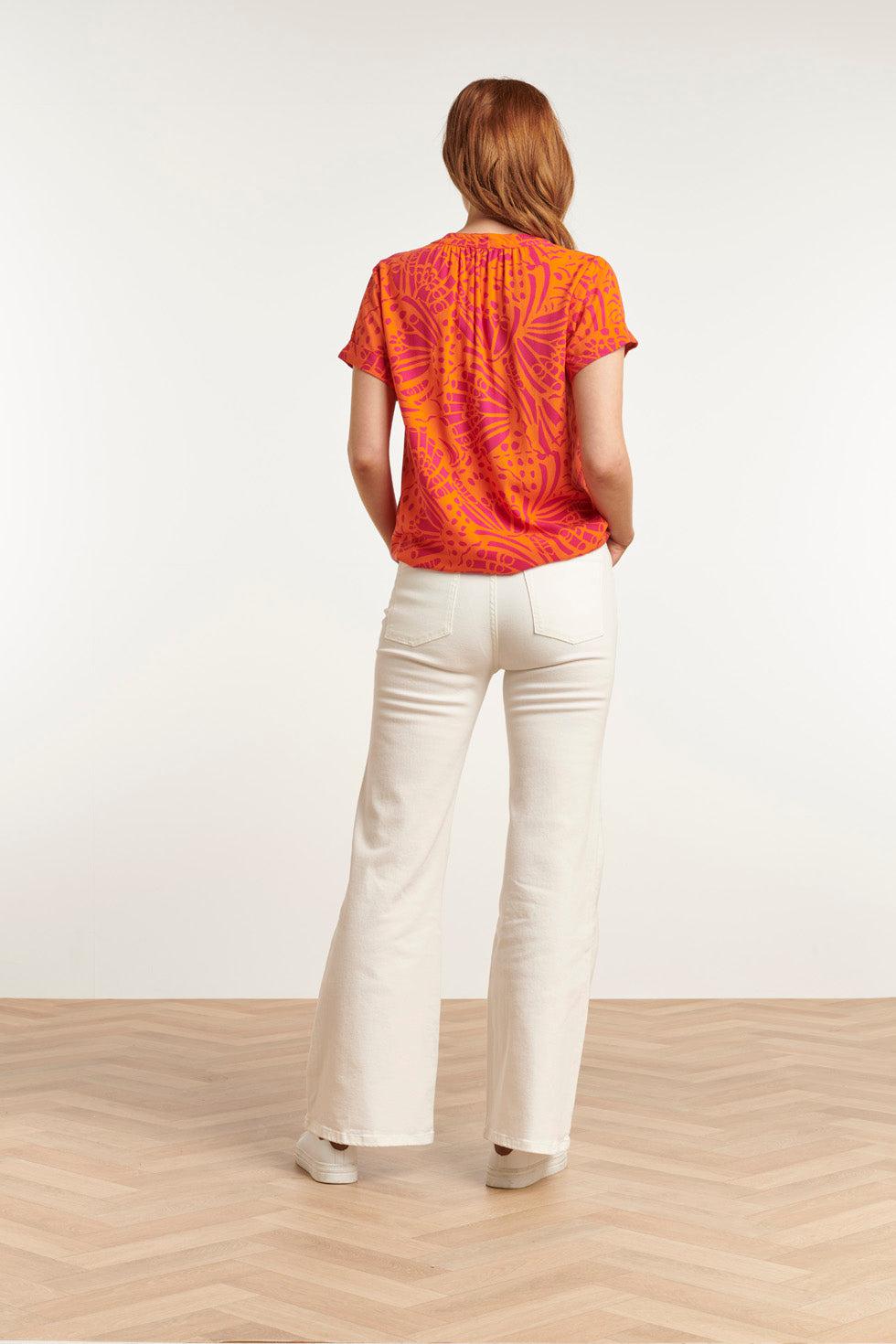 23212 Short Sleeve Shirt Pullover Print Women'S Tops | Orange-Fuchsia