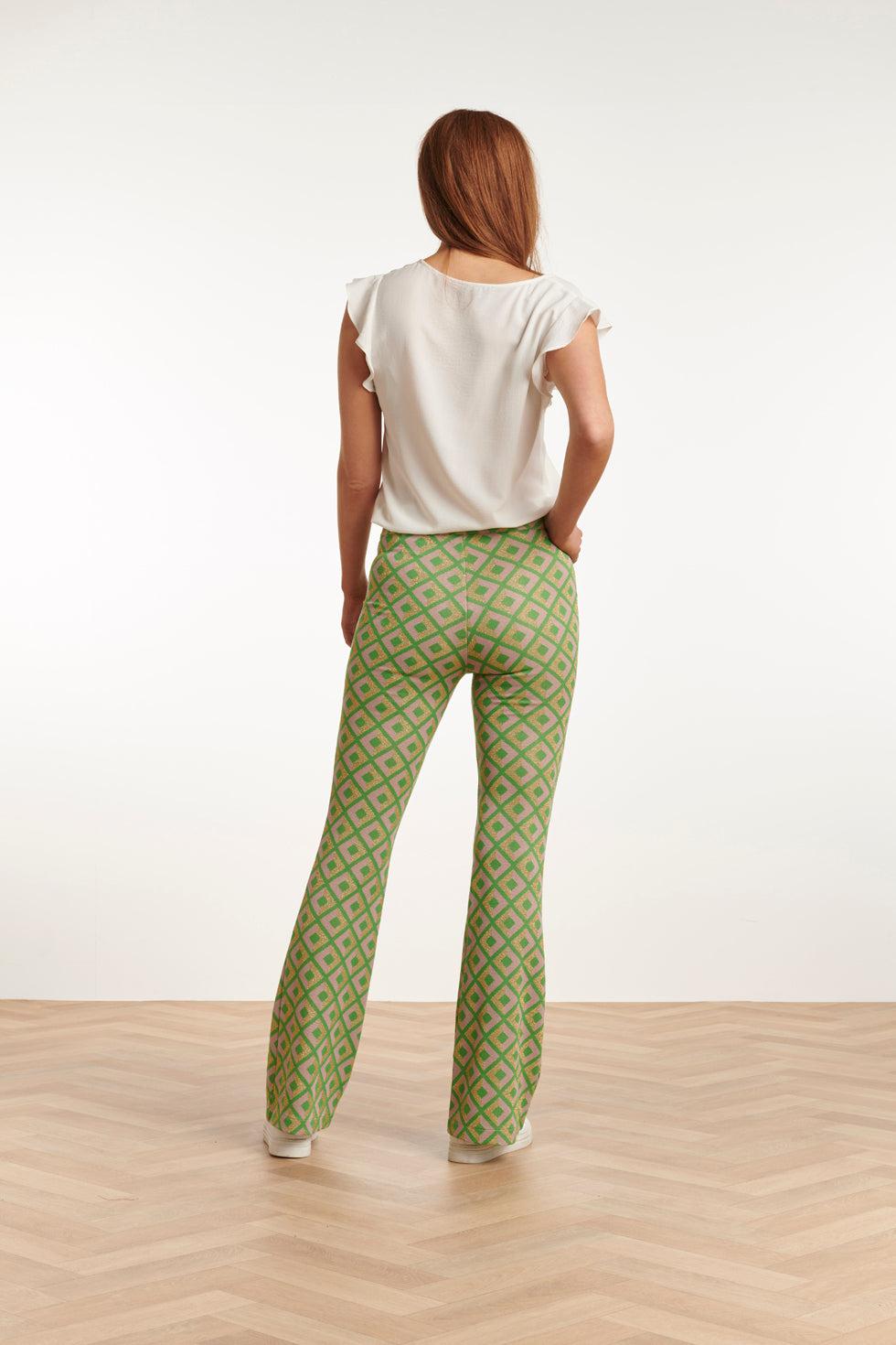 23221 Broek Met Retro Print | Green-Gold