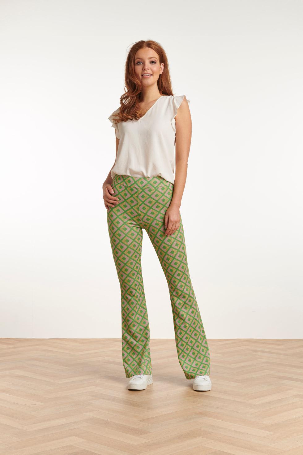 23221 Broek Met Retro Print | Green-Gold