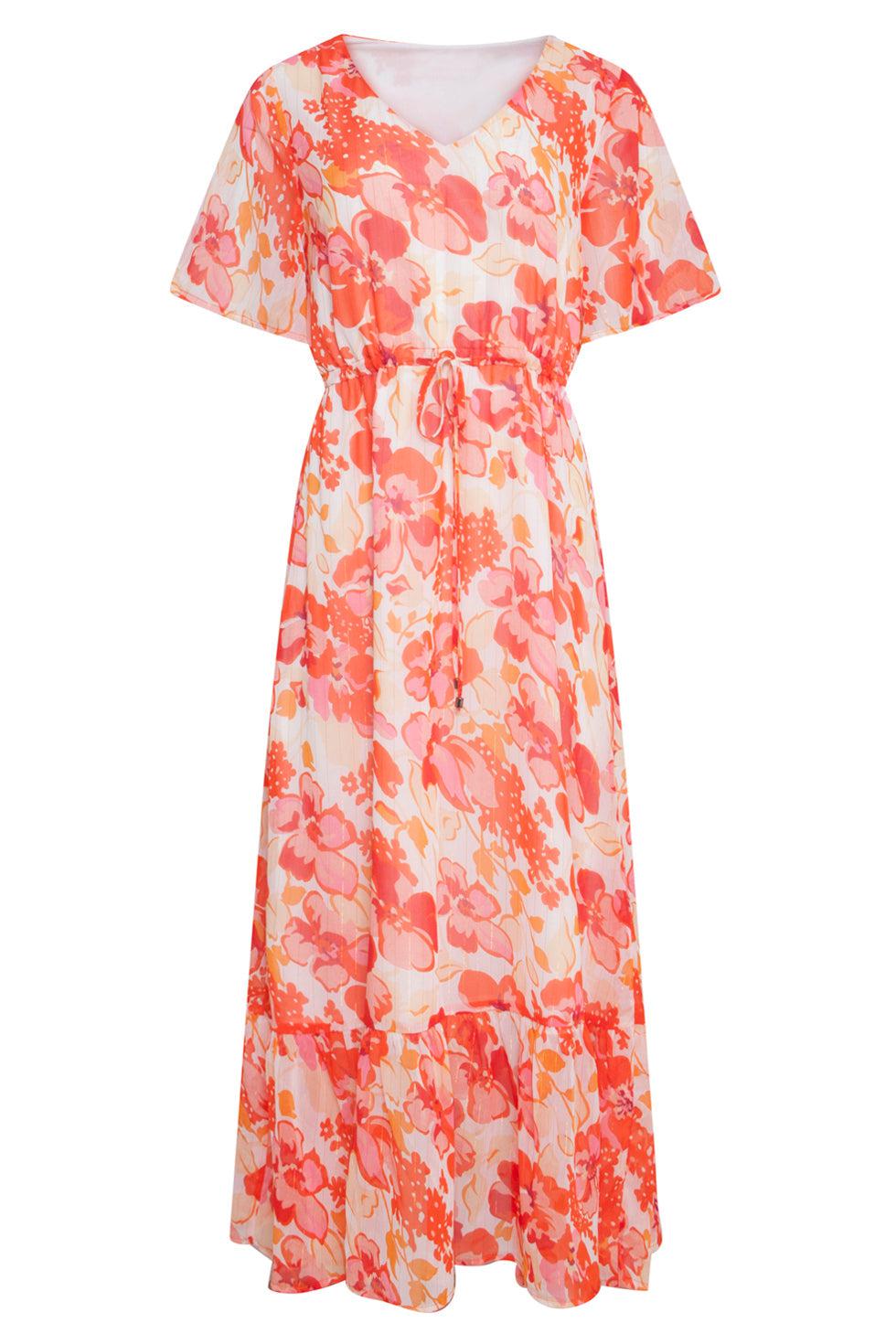 23300 Maxi Chiffon Zomerjurk Met Bloemenprint | White-Orange