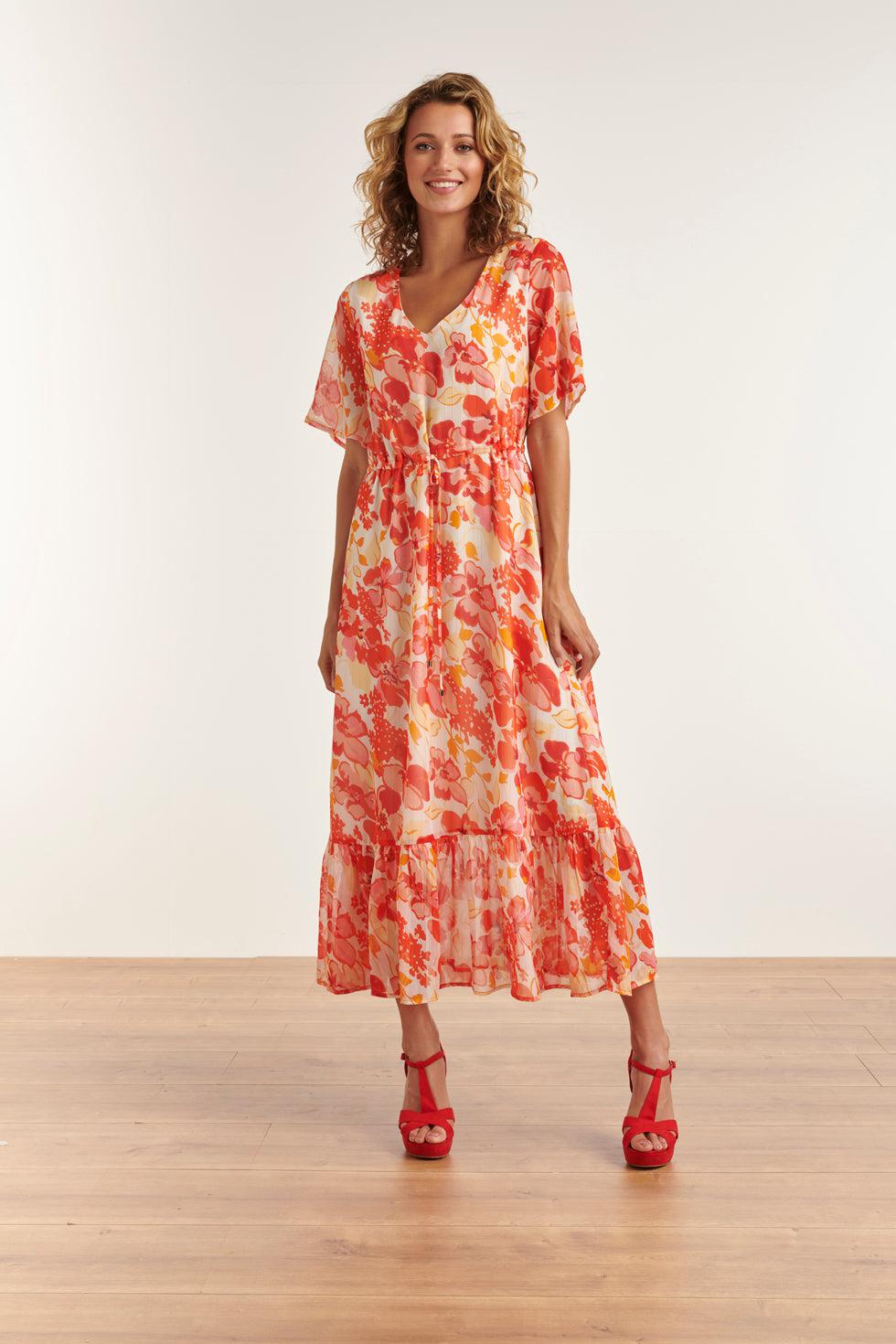 23300 Maxi Chiffon Zomerjurk Met Bloemenprint | White-Orange