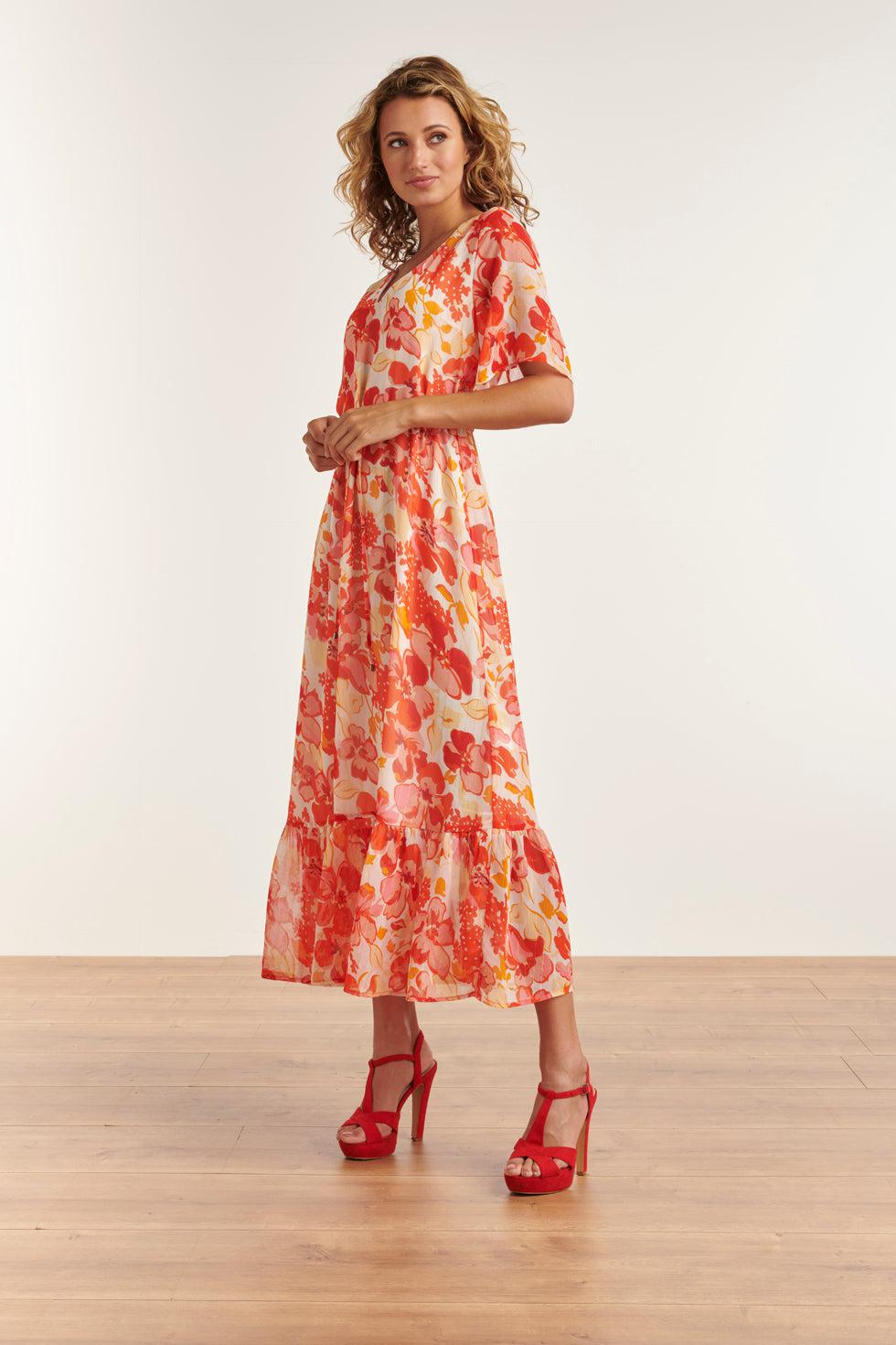 23300 Maxi Chiffon Zomerjurk Met Bloemenprint | White-Orange