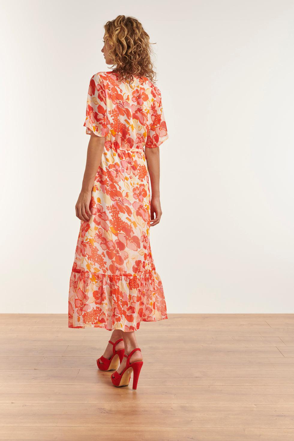 23300 Maxi Chiffon Zomerjurk Met Bloemenprint | White-Orange