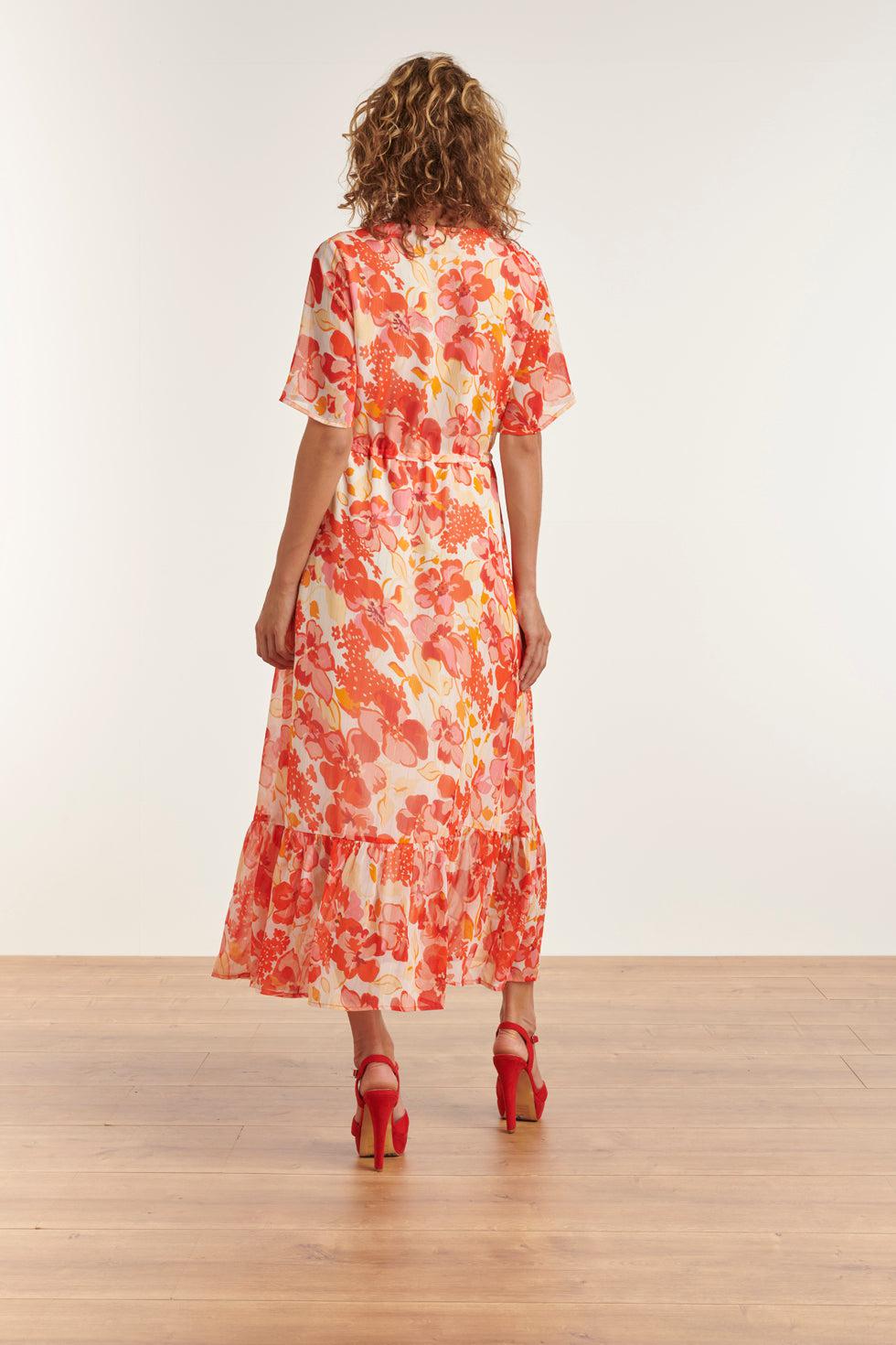 23300 Maxi Chiffon Zomerjurk Met Bloemenprint | White-Orange