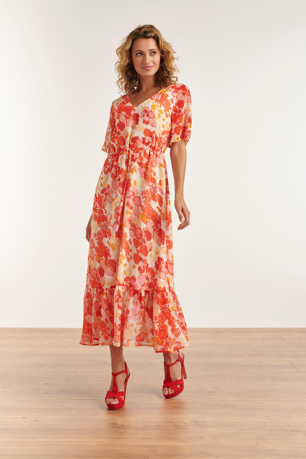 23300 Maxi Chiffon Zomerjurk Met Bloemenprint | White-Orange