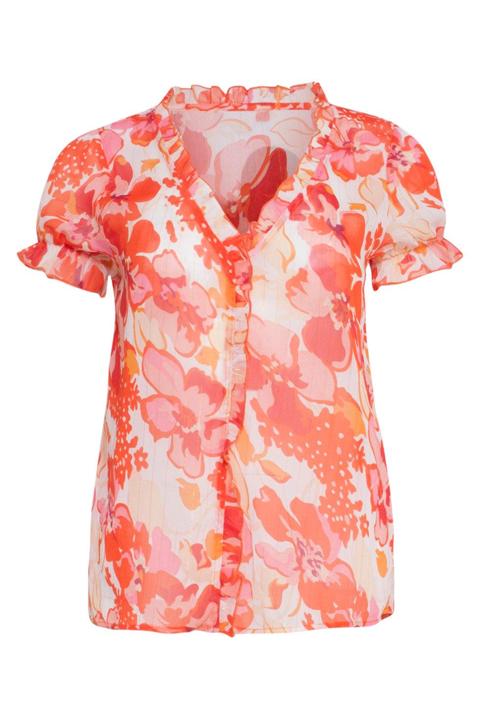 23301 Chiffon Zomer Top Met Bloemenprint | White-Orange