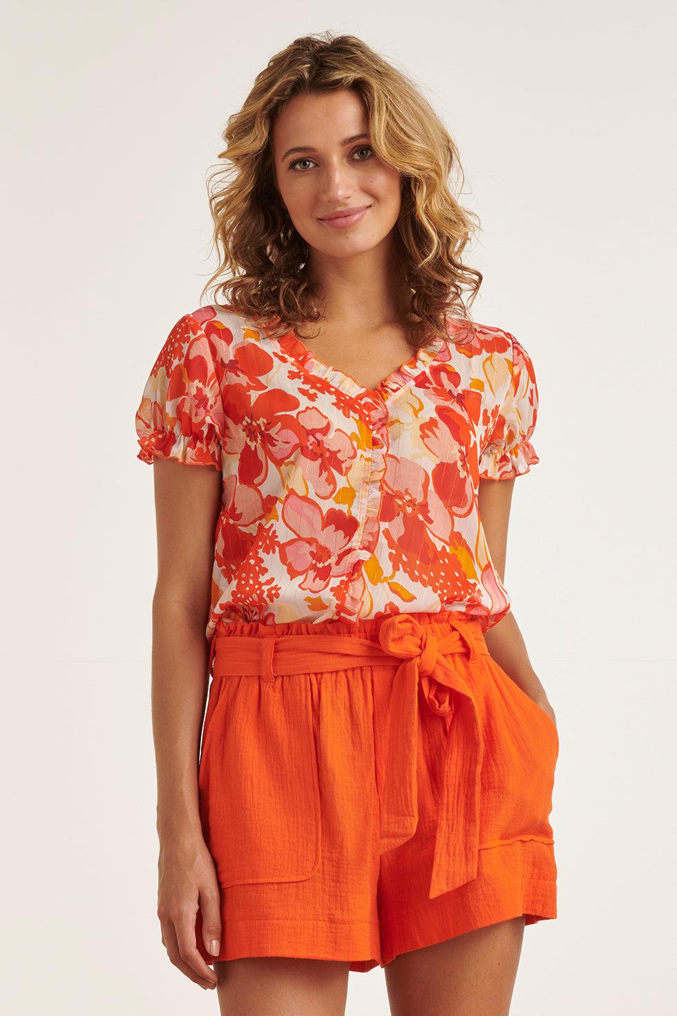 23301 Chiffon Zomer Top Met Bloemenprint | White-Orange