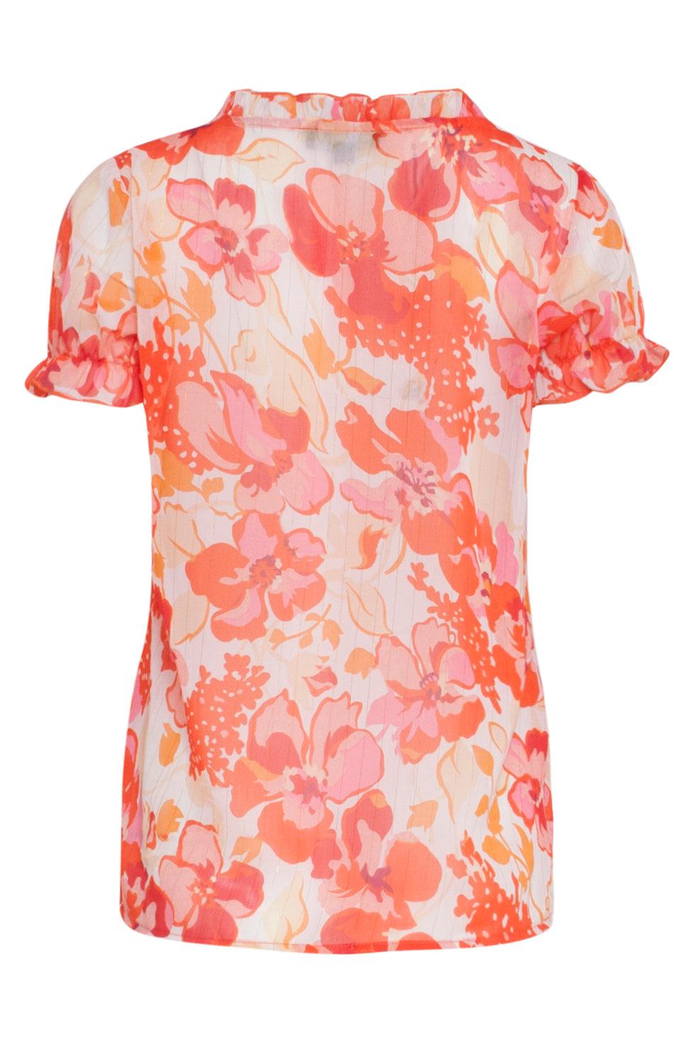23301 Chiffon Zomer Top Met Bloemenprint | White-Orange