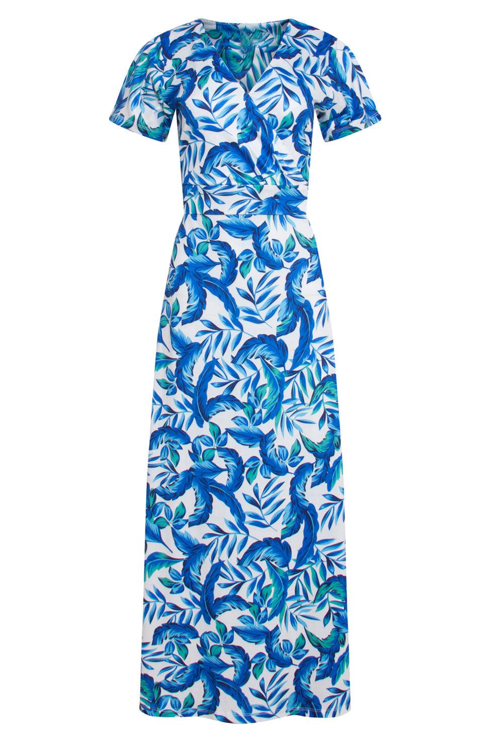 23315 Stijlvolle Maxi Zomerjurk Met Bladeren Print- | White-Blue