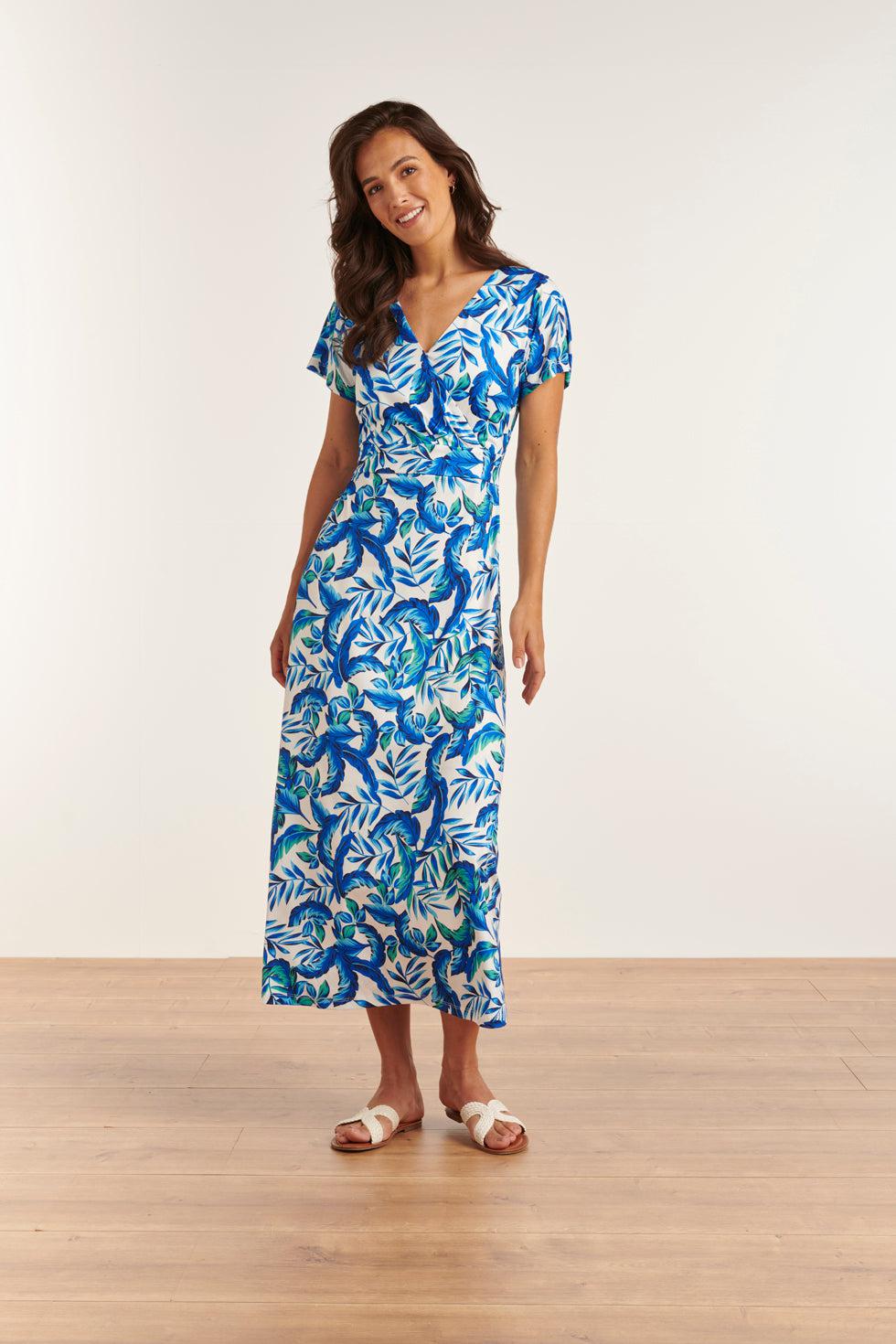 23315 Stijlvolle Maxi Zomerjurk Met Bladeren Print- | White-Blue