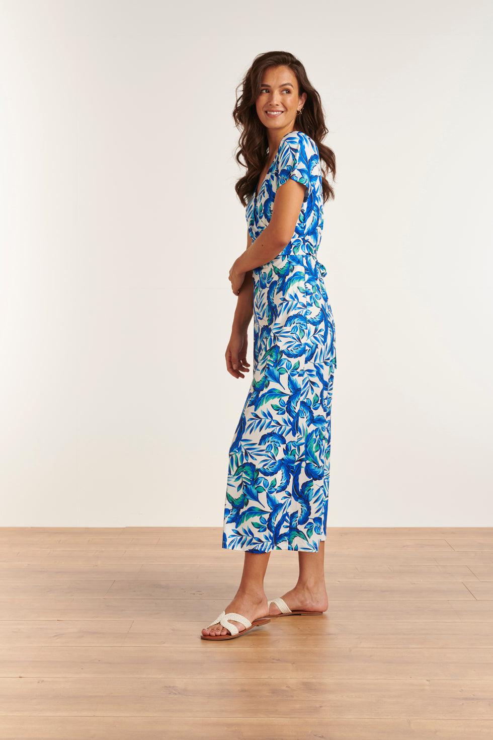 23315 Stijlvolle Maxi Zomerjurk Met Bladeren Print- | White-Blue