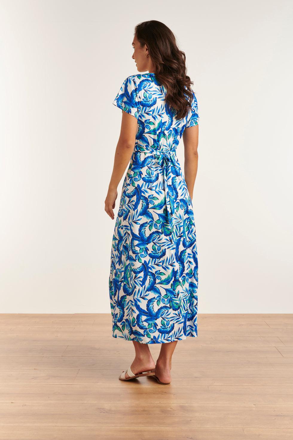 23315 Stijlvolle Maxi Zomerjurk Met Bladeren Print- | White-Blue