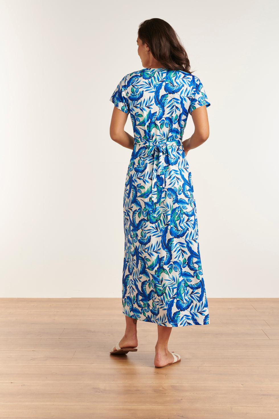23315 Stijlvolle Maxi Zomerjurk Met Bladeren Print- | White-Blue