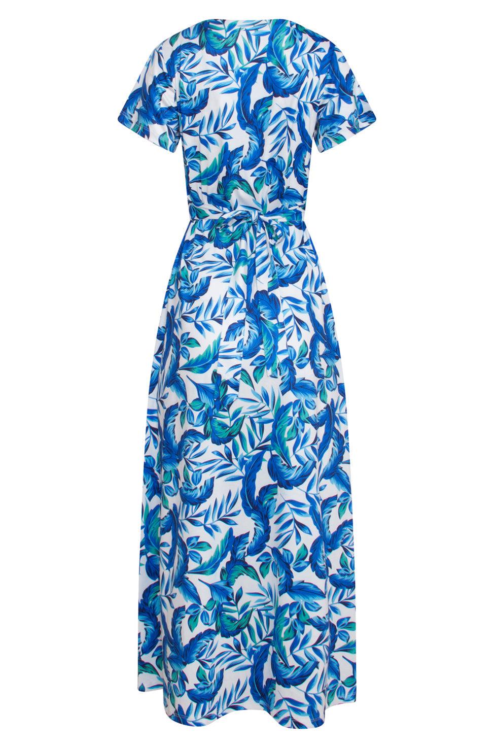23315 Stijlvolle Maxi Zomerjurk Met Bladeren Print- | White-Blue