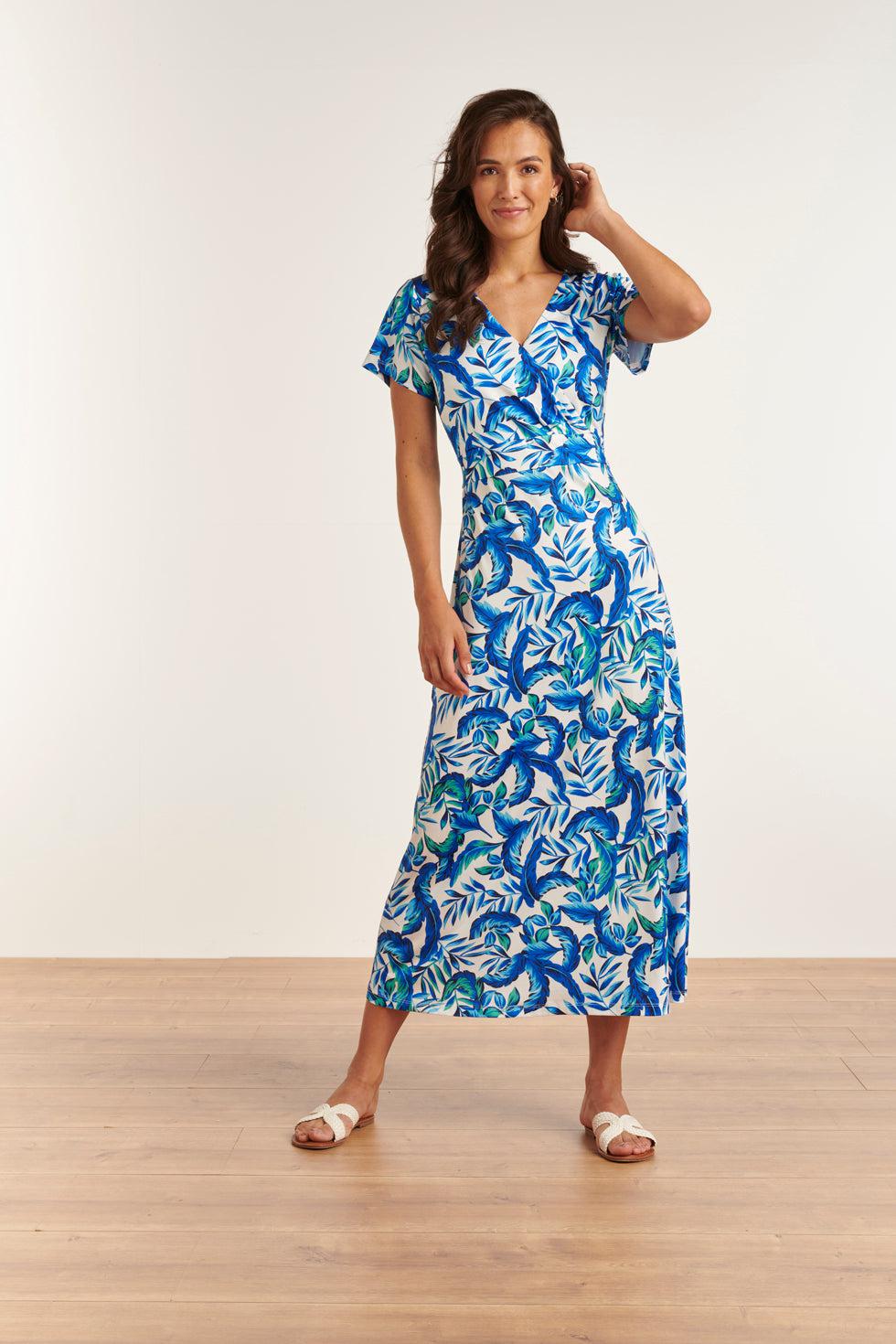 23315 Stijlvolle Maxi Zomerjurk Met Bladeren Print- | White-Blue