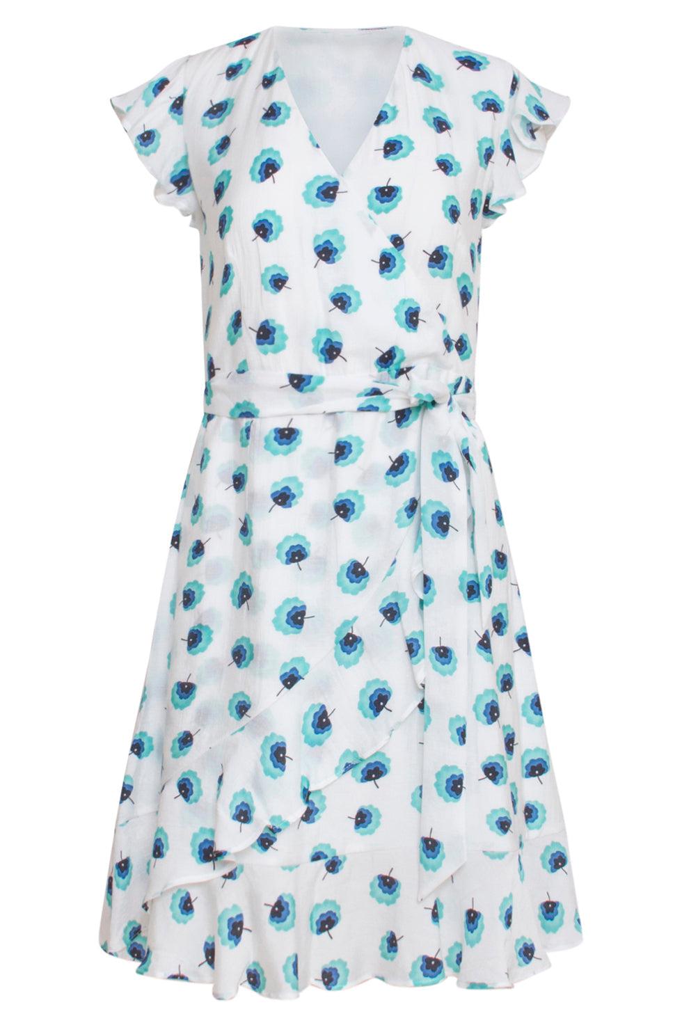 23318 Turquoise Zomer Jurk Met Bloemenprint Korte Ruffle Mouwen | White-Turquoise