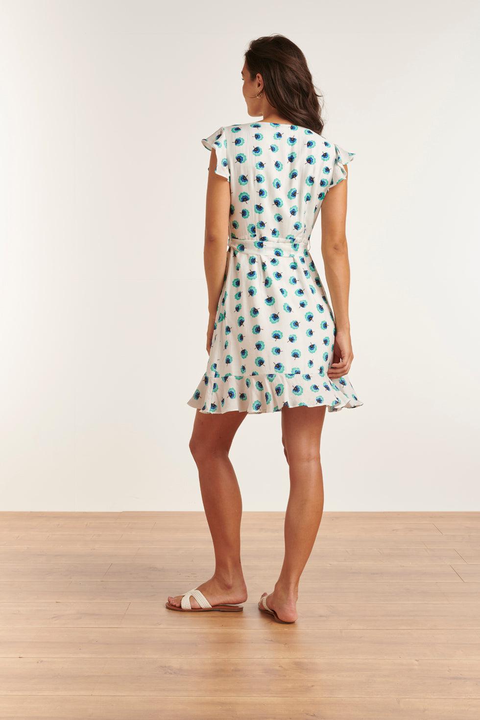 23318 Turquoise Zomer Jurk Met Bloemenprint Korte Ruffle Mouwen | White-Turquoise