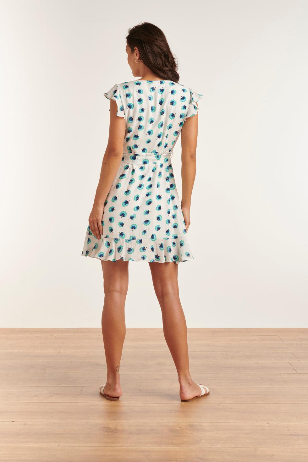 23318 Turquoise Zomer Jurk Met Bloemenprint Korte Ruffle Mouwen | White-Turquoise
