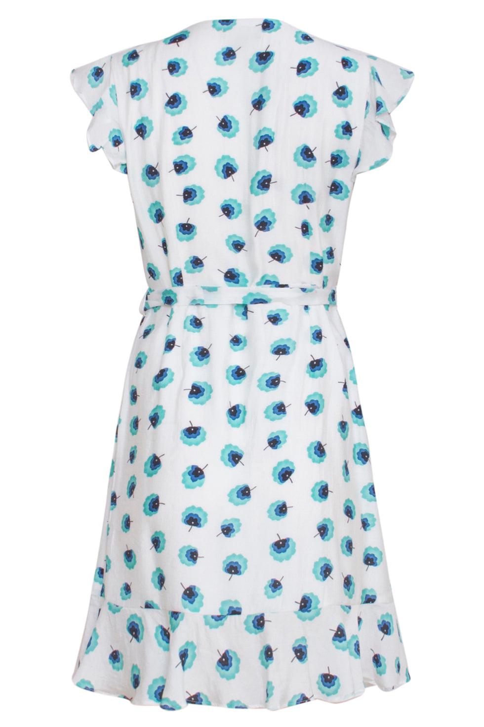 23318 Turquoise Zomer Jurk Met Bloemenprint Korte Ruffle Mouwen | White-Turquoise