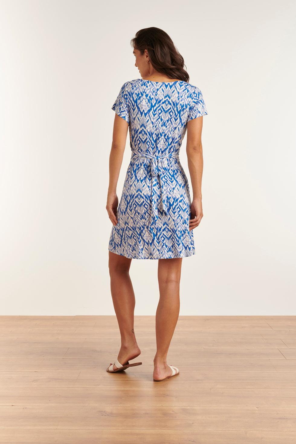 23321 Zomerjurk Met Aztek Print-V-Halslijn | White-Blue
