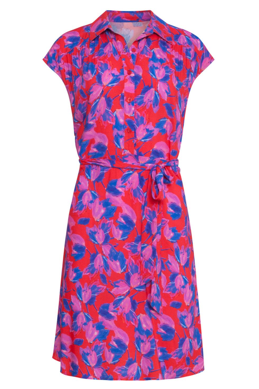 23332 Zomer Jurk - Abstracte Print Met Kraag | Red-Multicolour