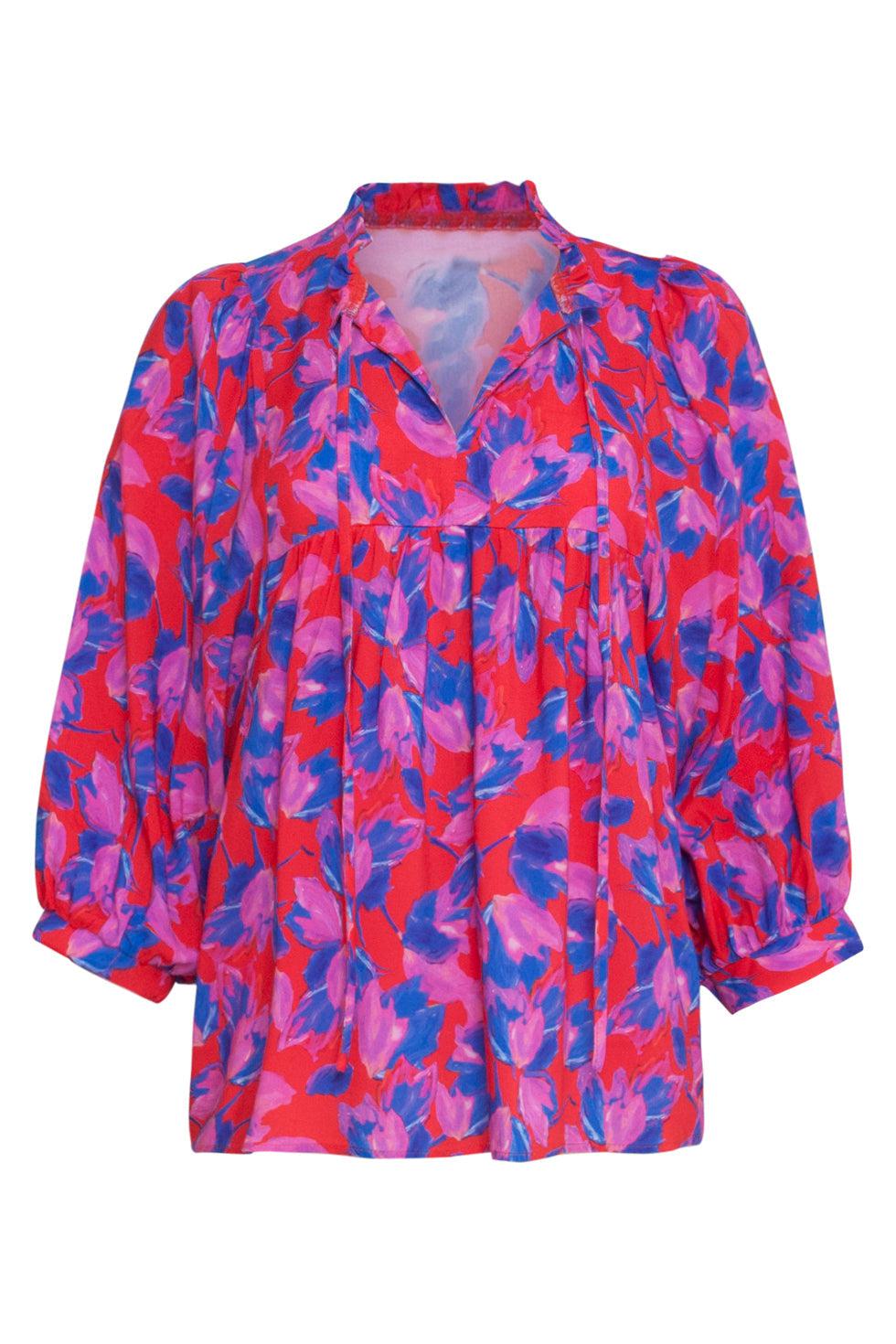 23333 Abstracte Zomer Top Met V-Halsdriekwart Mouwen | Red-Multicolour