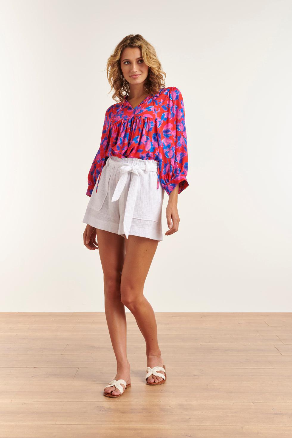 23333 Abstracte Zomer Top Met V-Halsdriekwart Mouwen | Red - Muticolour