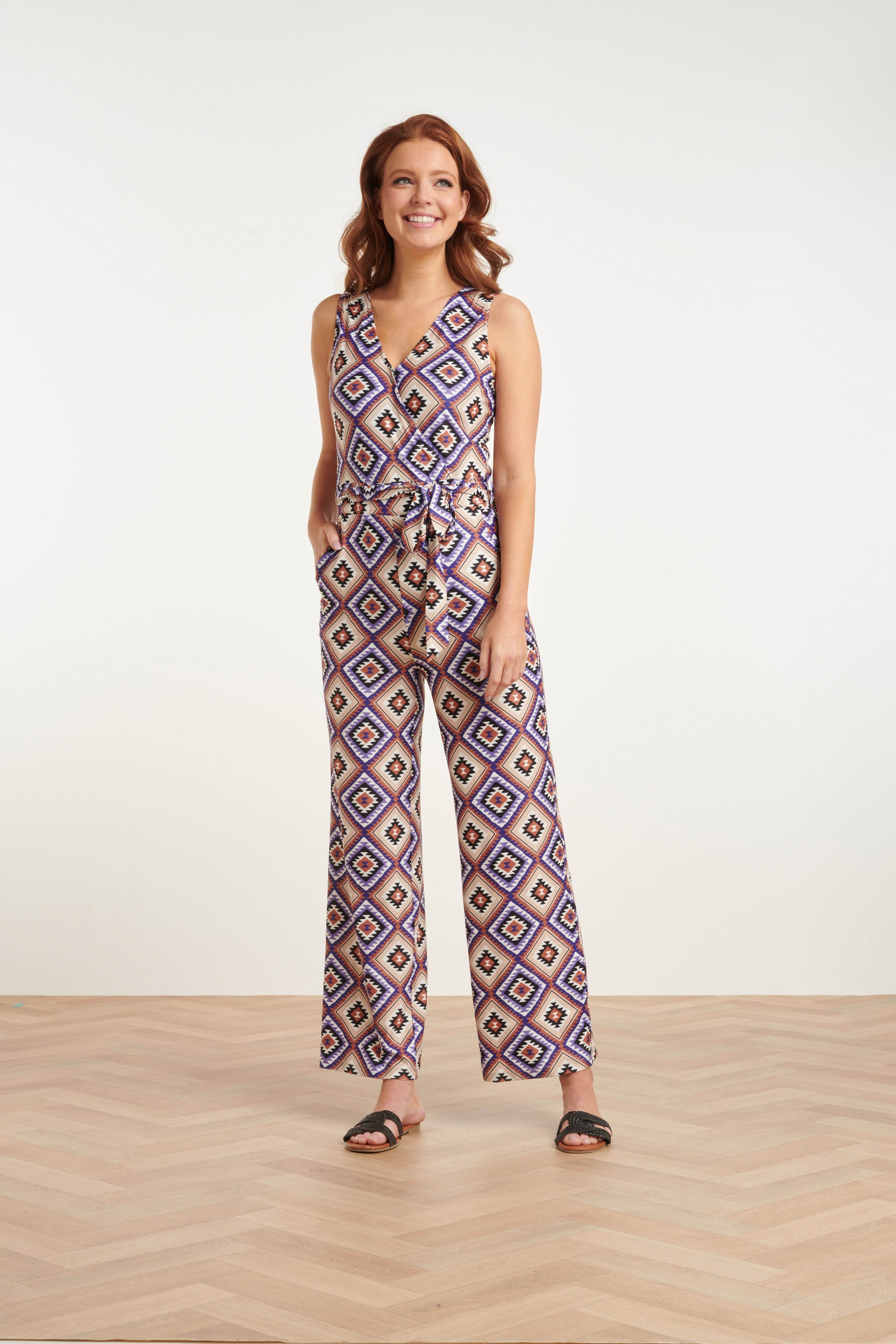 23337 Paars Zachte Stretch Aztec Print Zomer Jumpsuit | Purple-Multicolour