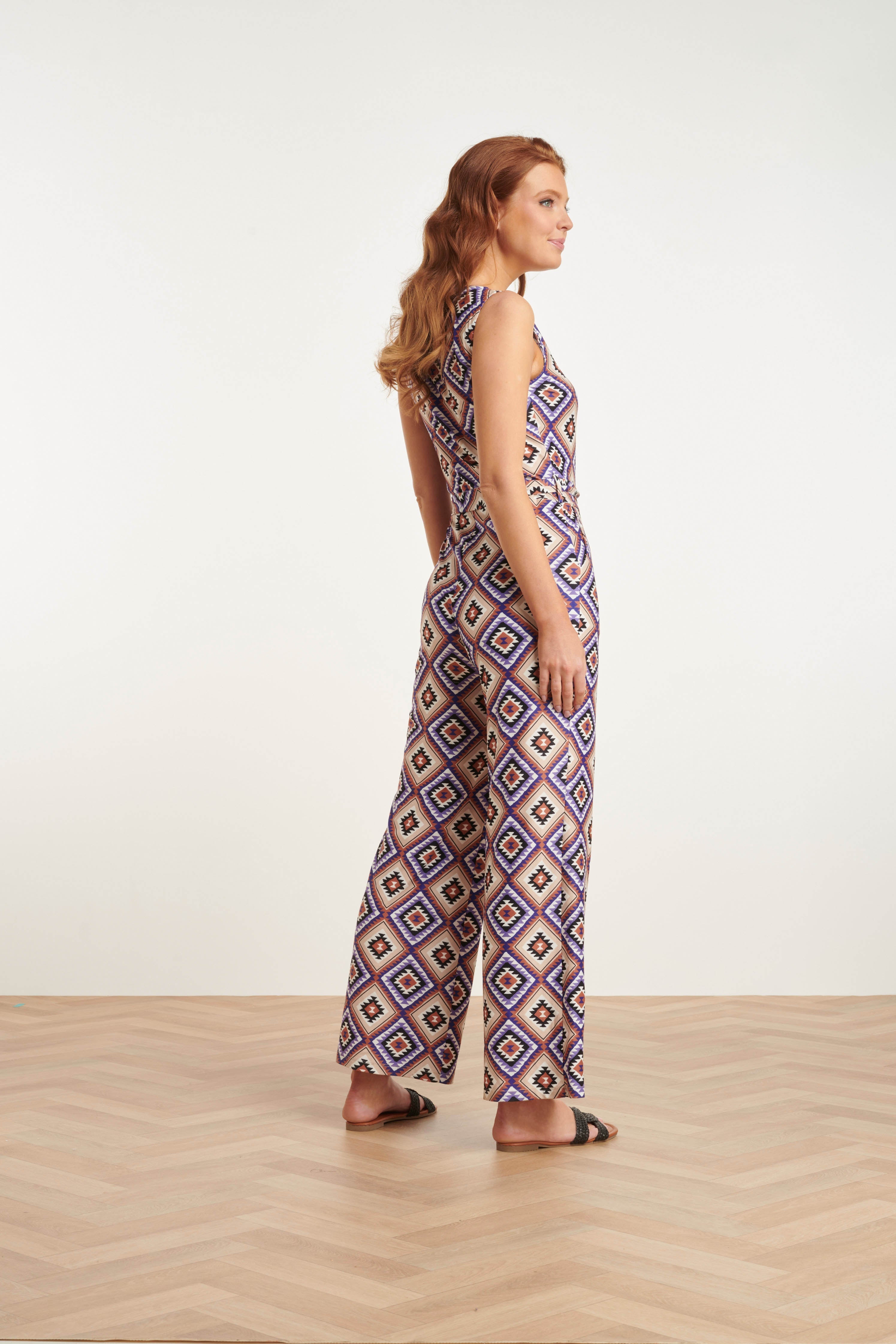 23337 Paars Zachte Stretch Aztec Print Zomer Jumpsuit | Purple-Multicolour