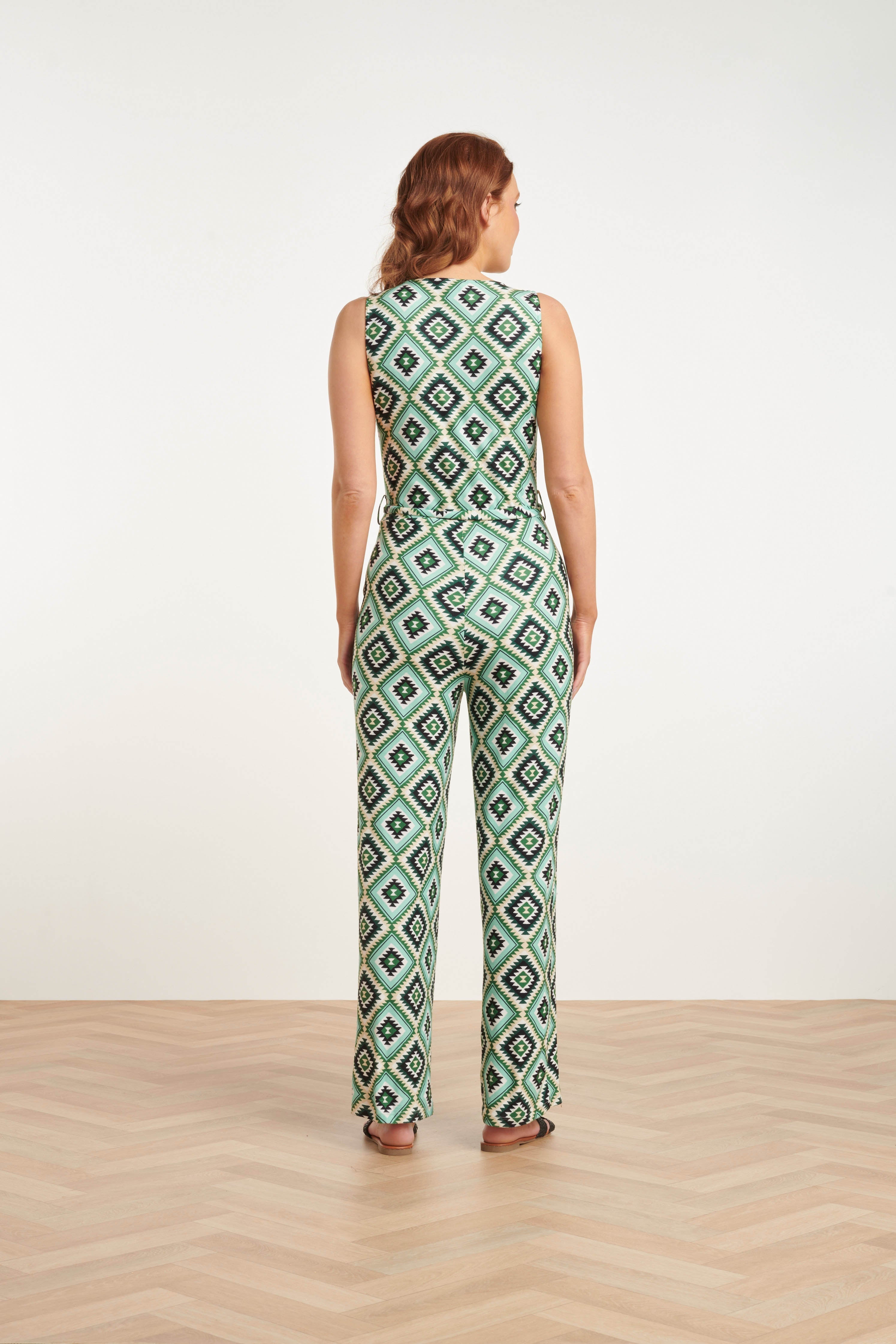 23337 Zachte Stretch Aztec Print Zomer Jumpsuit | Green-Multicolour