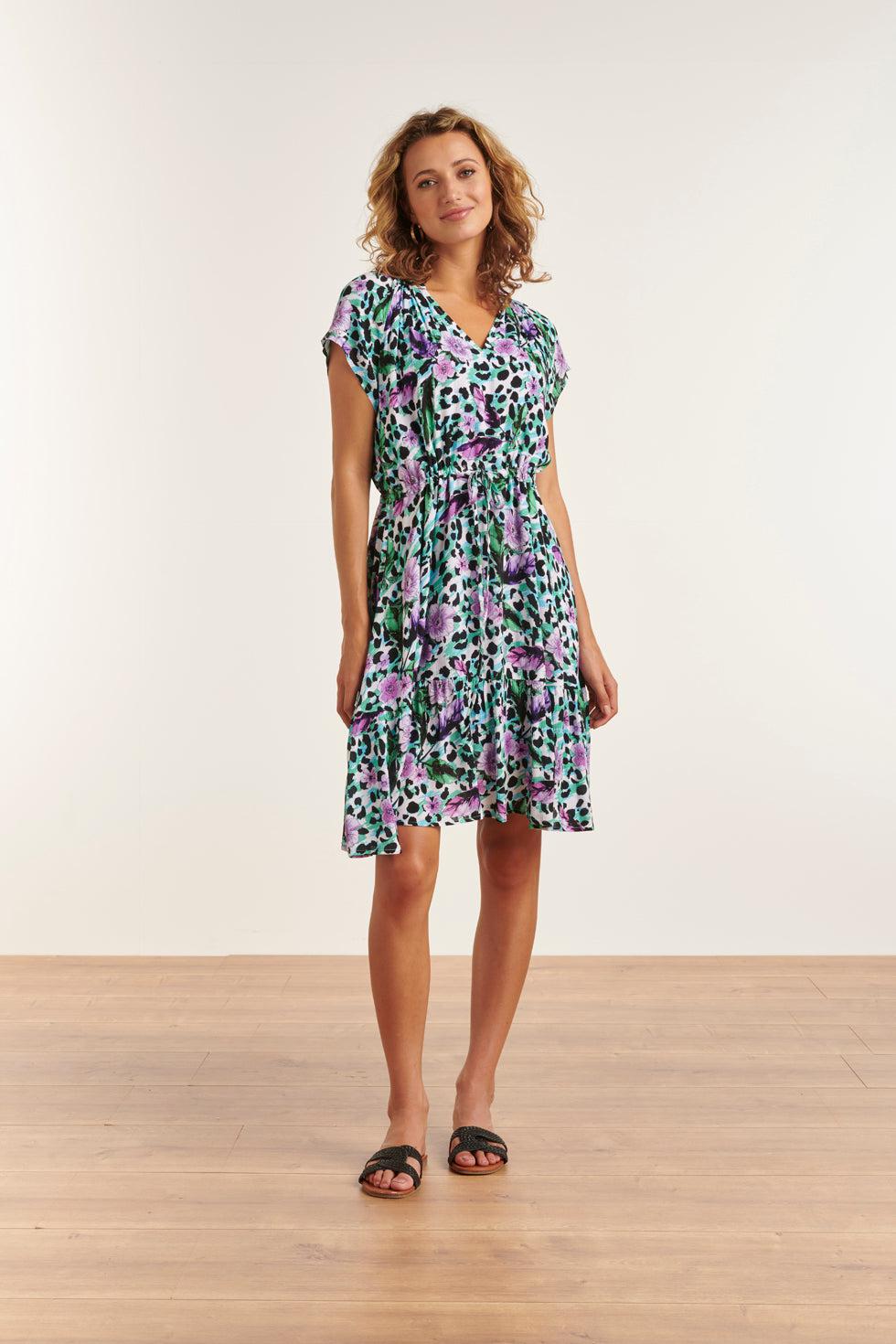 23338 Paars- Dierenprint Zomerjurk Met V-Hals Korte Mouwen | Muticolour