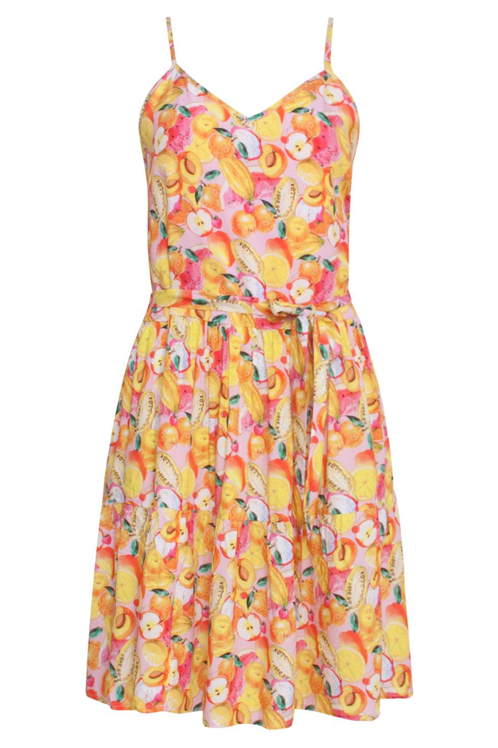 23340 Zomer Jurk Met Fruit Print 100% Rayon Ecovero | Pink-Multicolour