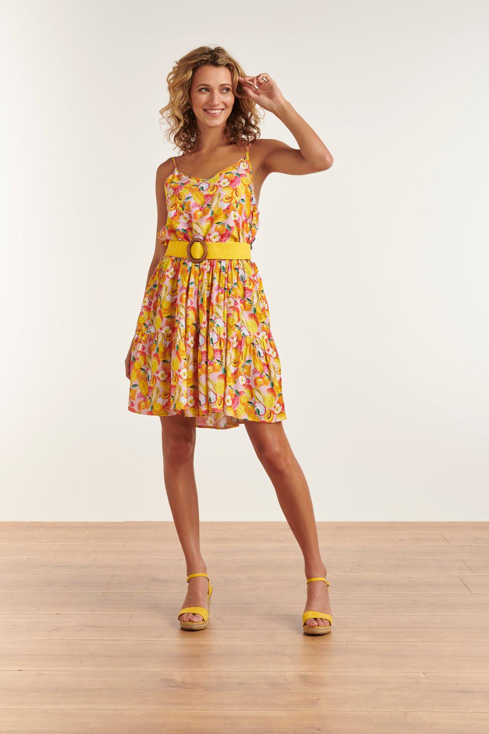 23340 Zomer Jurk Met Fruit Print 100% Rayon Ecovero | Pink-Multicolour