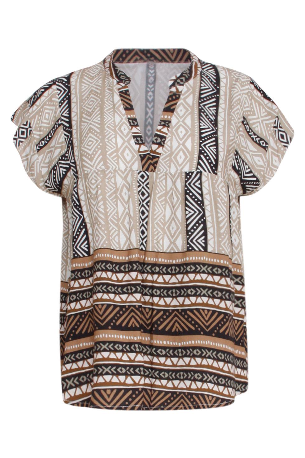 23341 Zomer Top V-Hals, Korte Mouwen, 100% Rayon Ecovero | Sand-Black White