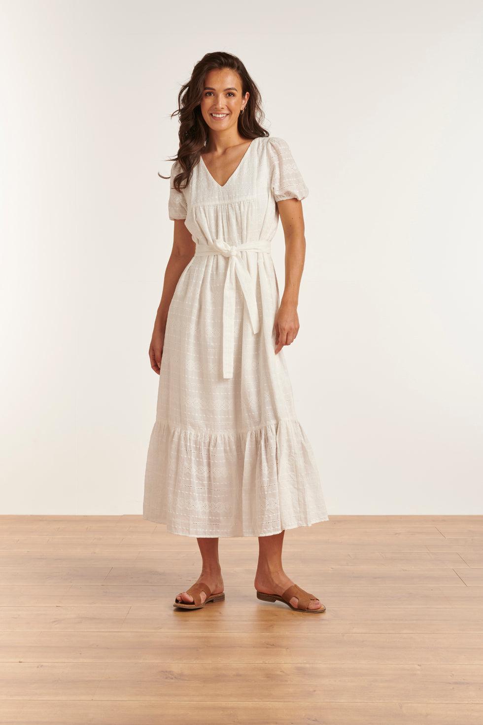 23357-000 Te Zomerjurk Met V-Halskorte Pof Mouwen Van 100% Katoen | White